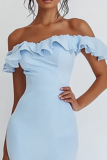 Mermaid Sky Blue Off The Shoulder Ruffles Long Formal Dress